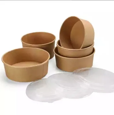 Disposable Take Away Food Box Food Packaging Kraft Paper Salad Bowl with Lid