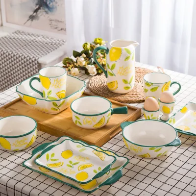 Modern 12-Piece Cute Design Lemon Fresh Porcelain Dinnerware Set with On-Glazed Finish for Home and Party Use