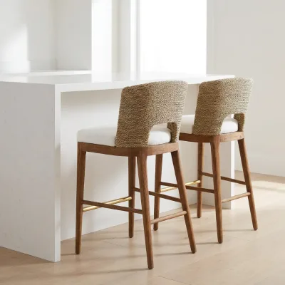 Natural Sea Grass Weaving Design Mixing Material Style Teak Wood Legs Kitchen bar Stool High Chair Furniture