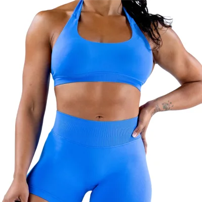 High-Elastic Ultra-Fine Matte Nylon Halter Back-Slimming Seamless Sports Bra, Backless Shock-Absorbing Yoga Bra for Women