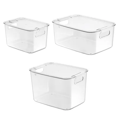 Transparent Rectangle PET Plastic Stackable Food Grade Storage Box Handles Waterproof Large Capacity for Bedroom Closet