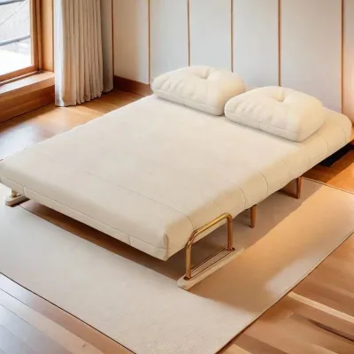 Click Clack Sofa Bed 2 Seater Folding Upholstered Cream White Quilted Steel Frame Gold Legs for Living Room Apartment Sofa Cama