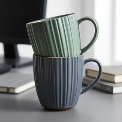 Wholesale Modern Vintage 9oz Ceramic Coffee Mug with Handle Unique Striped Glazed Green Grey Design for Home Decor Giveaways