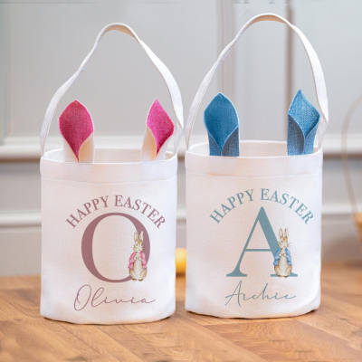 Easter Custom-Name "Happy Easter" Tote Bags Festive Easter Gift Holders Easter Personalized Peter Rabbit Easter Baskets