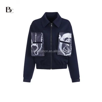 High Quality Custom Manufacture Color-Block Knit Black Denim Shirt Long Sleeve Loose Fit Single-Breasted With Pockets for Women