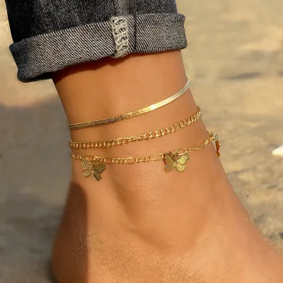 Fancyday Multilayer Gold Plated Rhinestone Butterfly Pendant Foot Jewelry Feet Chain Anklets for Women Girls