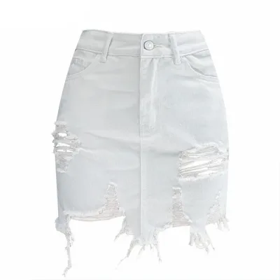 High Waist High Waist Denim Skirt Women Ripped Pencil Skirts Sexy Summer Mini Skirt White