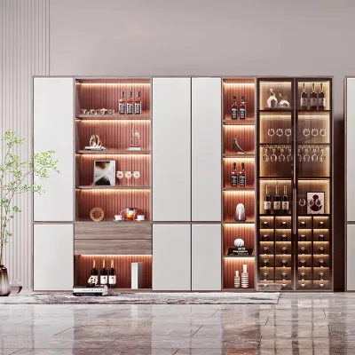 Wooden Dining Room Furniture Set with Melamine Plate Wine Cabinet Glass Wine Wall Storage for Home Use Includes Dining Chair
