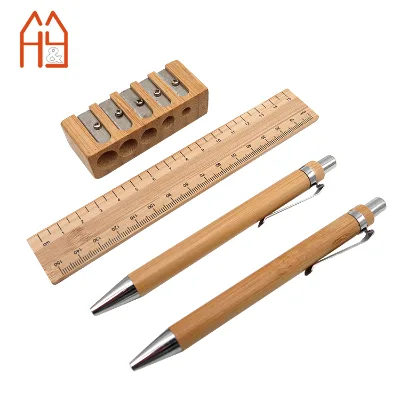 Made of 100% Bamboo Material for Student School Supply Bamboo Ruler, Ball Pen and Sharpener