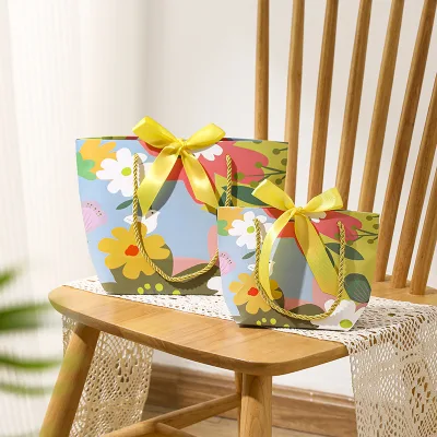 Green Yellow Floral Gift Bag with Handle for Children's Birthday