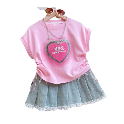 Kids Girls Summer Clothing Mini Skirt Set Fashion Sequin love Draw String Short Sleeve Lace Denim Skirt Suit