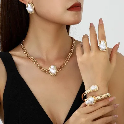 Wholesale 18K Gold-Plated Irregular Pearl Set Vintage Luxurious Fashionable Necklace, Earrings, and Ring Set