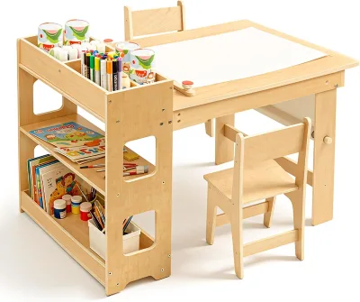 5-in-1 Children's Art School & Dining Table and Chair Set for Babies Kids 2 Chairs Storage Cabinet Bedroom-Friendly Design