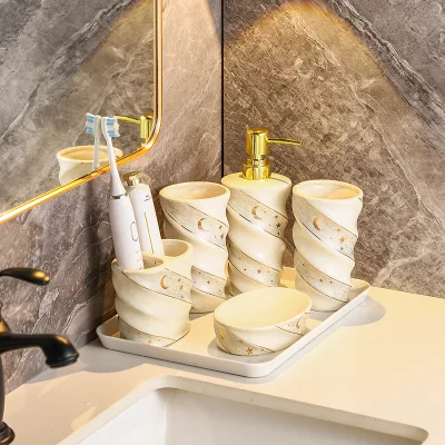 Ivory White Ceramic Bathroom Set 5-Piece Moon and Stars Pattern with Artistic Wash Basin for Homes, Villas, and Studios