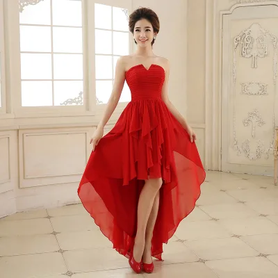 European Style Slimming Off Shoulder Short Front Long Back Red Chiffon Evening Dress