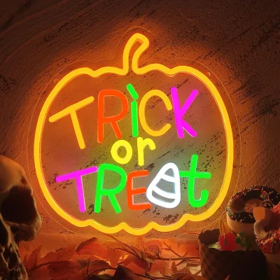 Halloween Pumpkin Neon Sign, Trick or Treat Neon Signs with Candy Corn, Dimmable LED Fall Halloween Neon Lights for Wall Decor