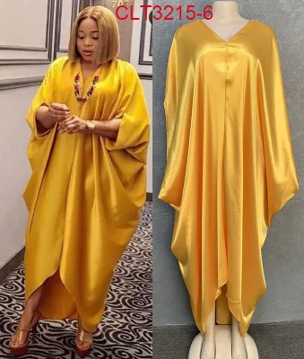 Bright Silky Satin Loose V Neck Doll Sleeves Mid Sleeves Comfortable Fashion Long Dresses Cross-border Sources