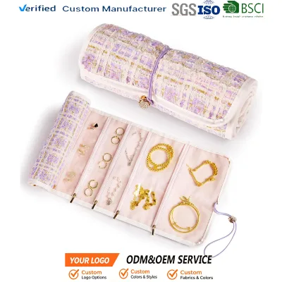 Tweed Jewelry Organizer Roll with 20 Compartments Rhinestone Button Necklace Storage Bag for Women Roll up Jewelry Organizer Bag
