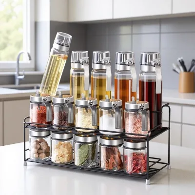 4 Tier Adjustable Standing Type No-Drill Stackable Spice Racks Set of 2 for Kitchen