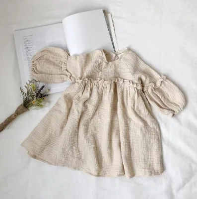 INS Japanese Korean Summer and Autumn Girls' Cotton Hemp Bubble Long Sleeve Korean Version Dress Princess Dress Girls'