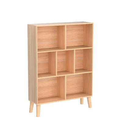 Modern 7-Cube Wooden Bookshelf 3-Tier Natural Legs Free Standing Bookshelves Bedroom Living Room Boho Bookcase Display Cabinet