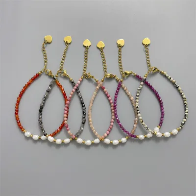 Wholesale Fashion Handmade Jewelry Healing Natural Stone Imitation Pearl Stainless Steel Beaded Bracelet for Gift