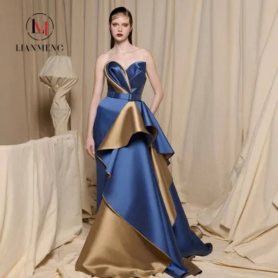 LM D366 Blue Gold Two Tone Regular O-Neck Mermaid Satin Natural Waistline Crystal Above Knee Dress