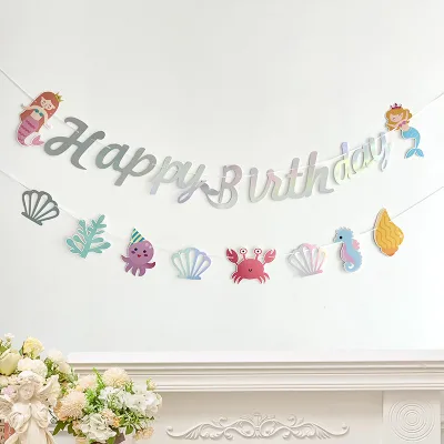 Birthday Banner Decorations Kids Party Supplies Hanging Mermaid Themed Celebrations Ocean Style Wall Table