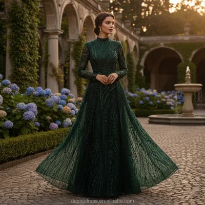 MB40139 Luxury Green Full Sleeves Dress for Women Beaded Floor-Length Elegant High Neck Dress Wedding Party Gown Evening Dresses