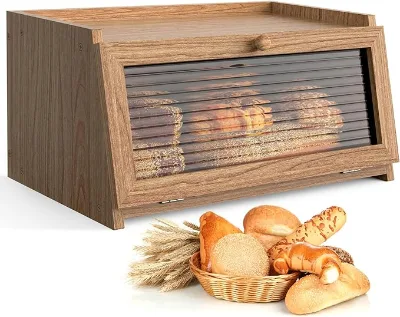 Large Kitchen Countertop Bread Box Eco-Friendly Wood Glass Food Container with Lid 100pc Capacity Wrap Holder for Packaged Food