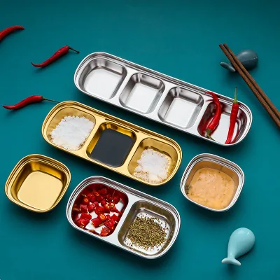 Wholesale 304 Stainless Steel Square Sauce Dish Thickened Gold Silver 1/2/3/4 Grids Eco-Friendly Dishes & Plates for Seasoning