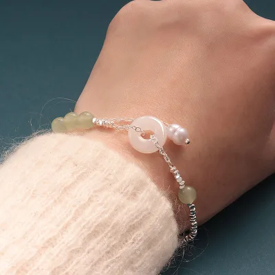 Imitation Hetian Jade Peace-Button Broken-Silver Women's Bracelet Light Luxury High-End Vibe Retro-Style Hand-String Niche