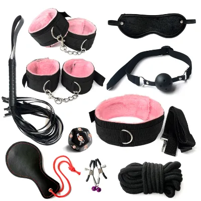 10pcs Black BDSM Suits Restraints Bondage Set Ball Gag Cuff Whip Collar Fetish Sex SM Kits