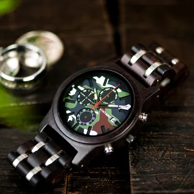 High Quality Best Price Fashion 44mm Quartz Pointer Dial Camouflage Color Wooden/Cloth Band Mens Watch