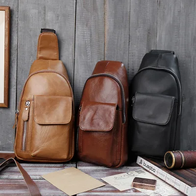 BEARKY Vintage Genuine Leather Sling Bag Black Chest Shoulder Pack Durable Crossbody Messenger Daypack with Side Zipper for Men