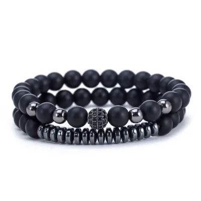 Hot Sell 2 Pcs/ Set Couple Natural Stone Beads Wristband with Micro Zircon Elastic Thread Lover Beaded Bracelet