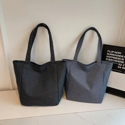 Forest Versatile Plaid Tote Bag Women New Large Capacity Nylon Fabric Handbag Leisure Student Shoulder Bag Lightweight Travel