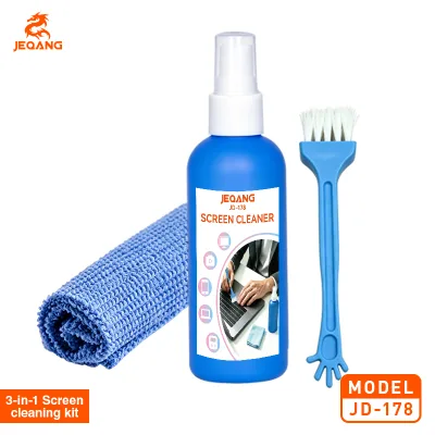 JEQANG JD-178 3-in-1 Screen Cleaner Kit 100ML Portable Anti-static Cleaning Spray PVC Microfiber Cloth Brush for Phone