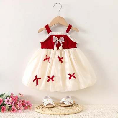 Wholesale 1690 Summer New Casual Girls' Five Bowknot Muyun Gauze Strap Dress O-Neck Princess Dress with Solid Pattern Decoration