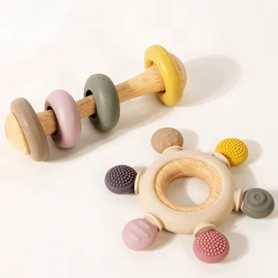 Baby Montessori Sensitive Silicone Teether Toy Kids Early Educational Handbell Musical Wooden Toys for Children Learning Toy