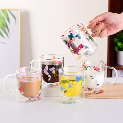 High-Value Borosilicate Glass Double-Layer Portable Eco-Friendly Screw-On Cap Coffee Mug Country Style Eternal Flower Design