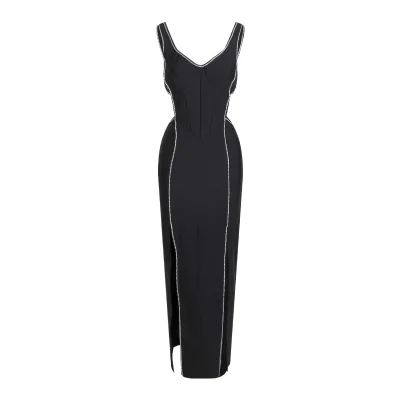 Summer Black Sexy Elegant Rhinestone Hollow Halter Long High Split Stretchy Dresses Evening Dresses