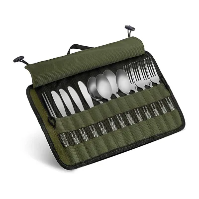 Multi-Functional Picnic Utensil Roll-Up Camping BBQ Cookware Storage Pouch Foldable Portable Hanging Travel Bag
