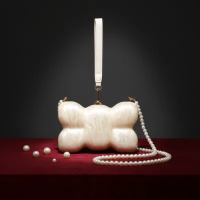 Fashion Summer Acrylic Evening Handbag Female Saddle Shape Cross-Body/Shoulder Strap Magnetic Closure Rhinestone Pearl