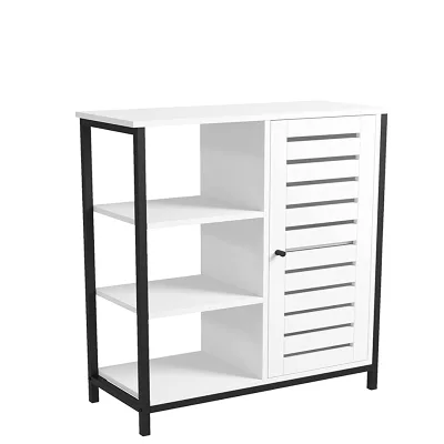 4-Tier White and Black Storage Cabinet, Bookshelf, Multipurpose Cabinet, 3 Open Shelves with Door Shutters for Kitchen