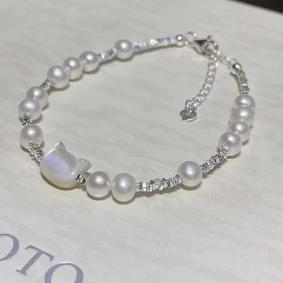 Freshwater Pearl Bracelet Pearl Jewelry Cat Silver 925 Sterling Silver Seashell Carved Cute Natural 5-6mm Beaded Bracelets 913