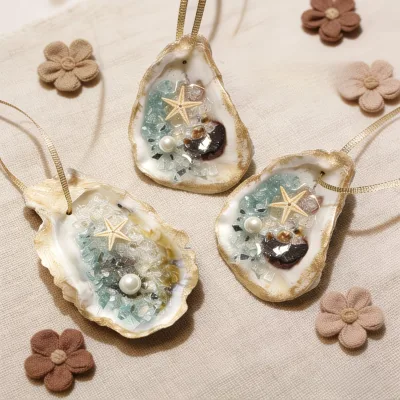 3pcs Set of Oyster Shell Ornaments with Starfish and Pearls, Handmade with Natural Shells and Golden Rope