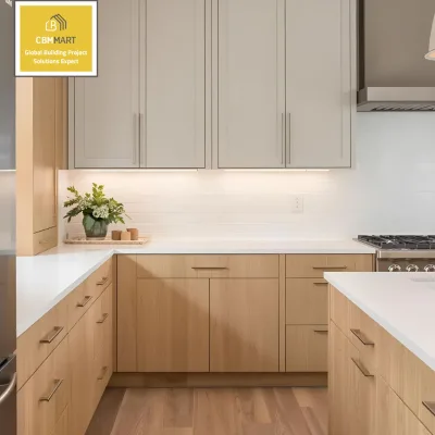 CBMMART Eco-Friendly Luxury Slim Shaker Door Style Modular Kitchen Cabinets Marble Faucet Drawer Basket for High-End Villa Home