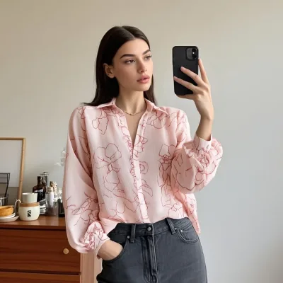 2025 New Women's Daily Satin Shirt Loose Fit Long Sleeve Collared Floral Line Print Button-Front Design Simple for Casual Office