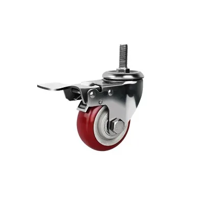 Huarui Red 3 4 5 Inch Medium Duty Double Bearing  Pu Caster Threaded Stem Swivel Wheels With Brake